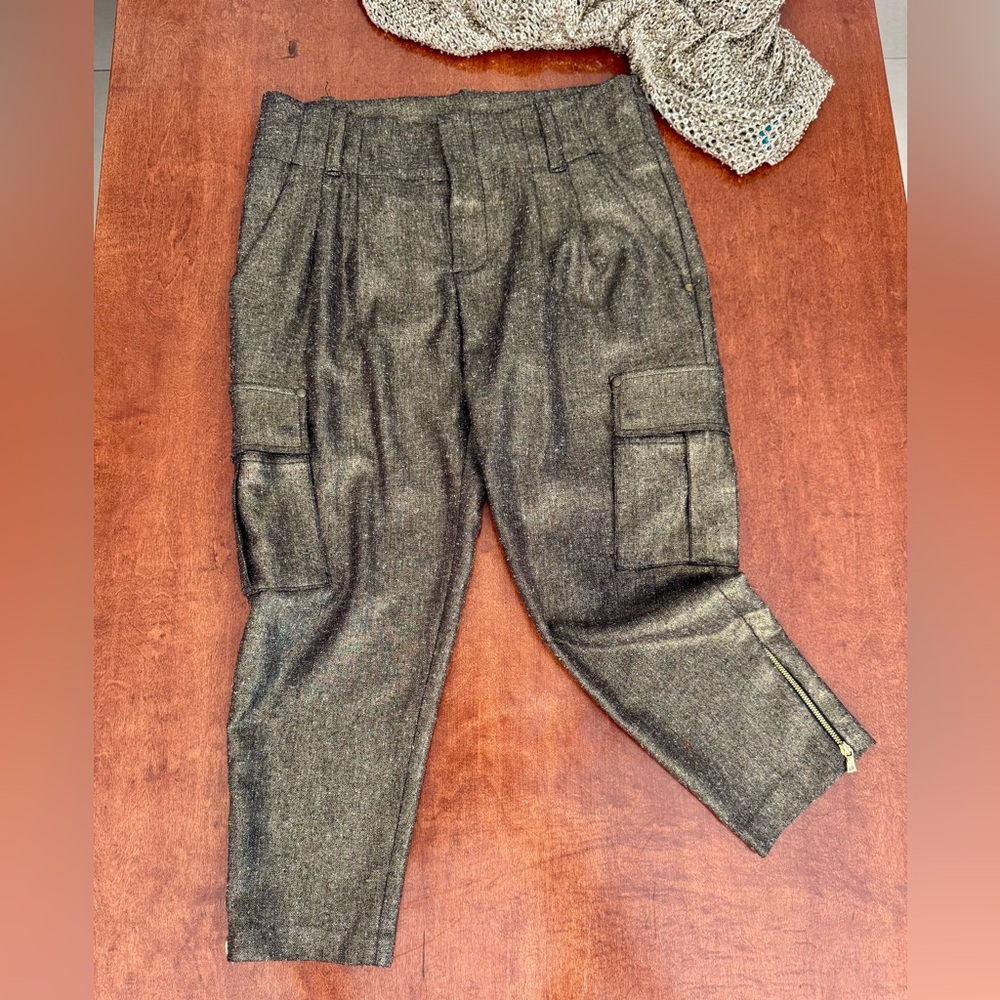 Alice+Olivia Dark Bronze Lamé Trouser Styled Cropped Anle Zip Pants Sz 4 NWOT